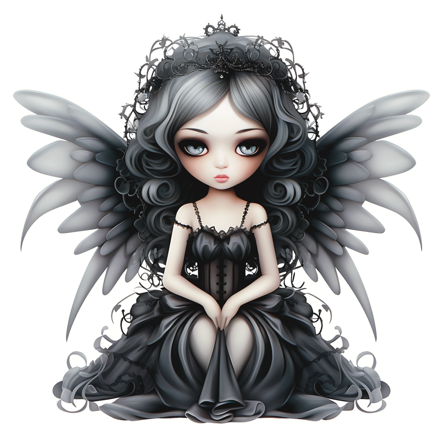 A die cut sticker of a beautiful, seated Angel with gray outspread wings. Her gray and black dress is soft and flowy. She has large ga blue eyes and delicate features. There is an intricate silver tiara worn in a tumbling mass of  gray and black curls.