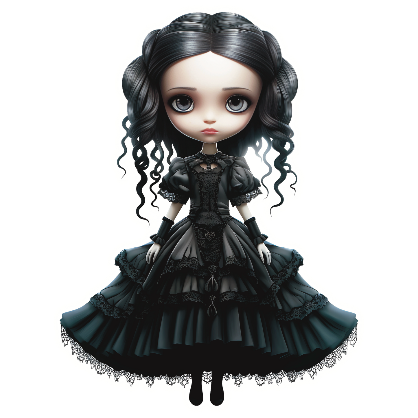 A die cut sticker of a sad looking young girl in gothic Victorian black mourning dress. She has large gray eyes and black ringlets partially pulled back in her hair. Sad haunted doll. 