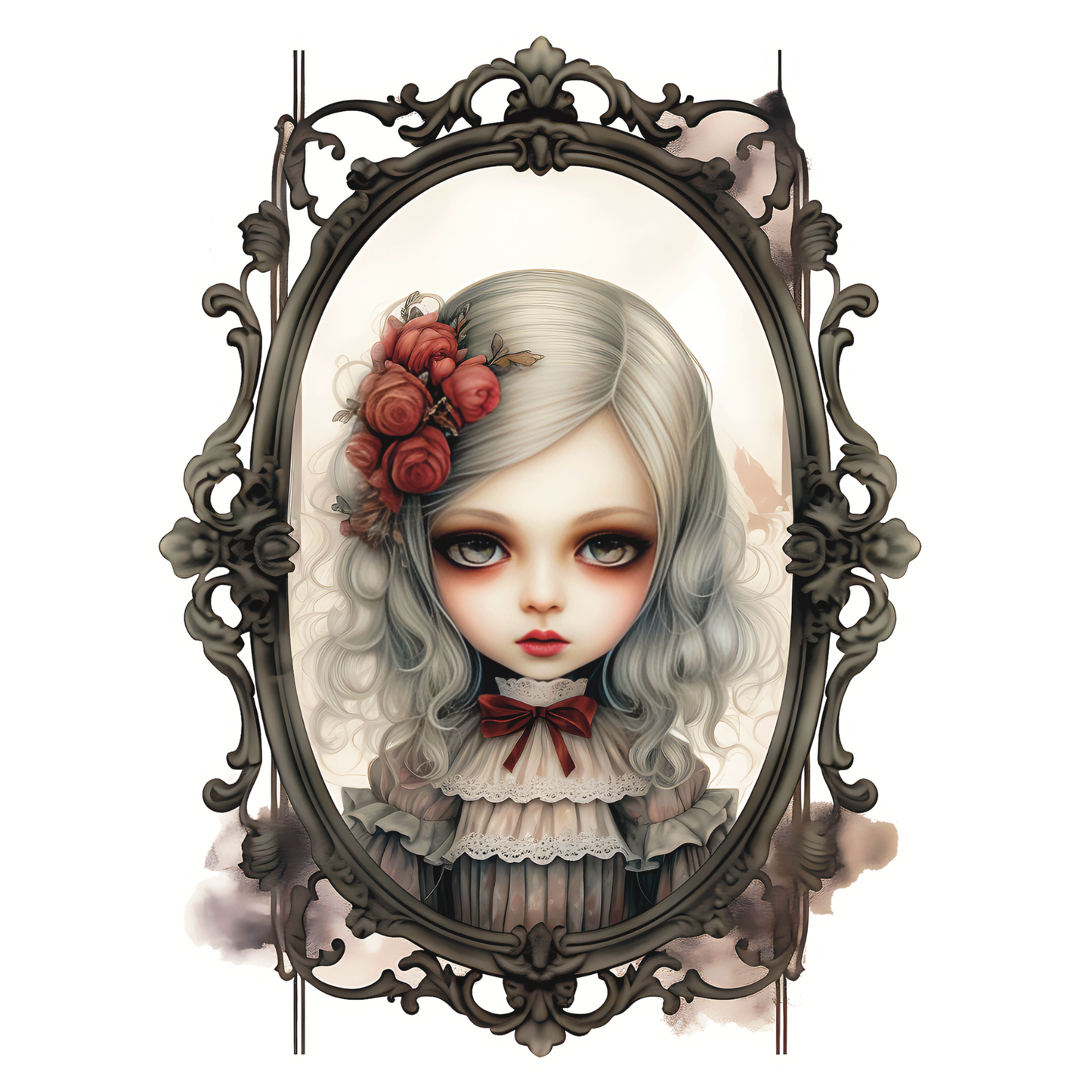 A die cut sticker with the haunting reflection of a young Victorian era girl looks back at you from a wrought iron mirror. She is platinum blond with waving curls and red roses in her hair. Her eyes an odd gray are lined in back but red rimmed. Her lips bright red and dainty. Her dress is prim and proper white ruffles with a red ribbon tied in a bow at the neck .