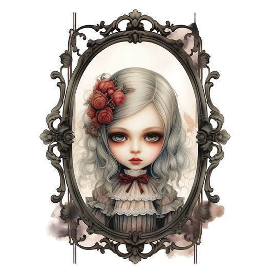 A die cut sticker with the haunting reflection of a young Victorian era girl looks back at you from a wrought iron mirror. She is platinum blond with waving curls and red roses in her hair. Her eyes an odd gray are lined in back but red rimmed. Her lips bright red and dainty. Her dress is prim and proper white ruffles with a red ribbon tied in a bow at the neck .